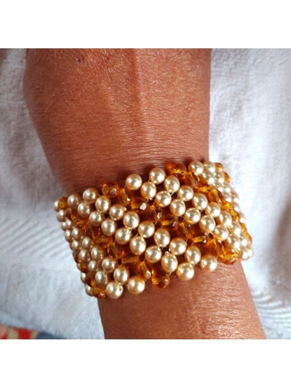 Vintage Faux Pearl & Amber Rhinestone Bracelet